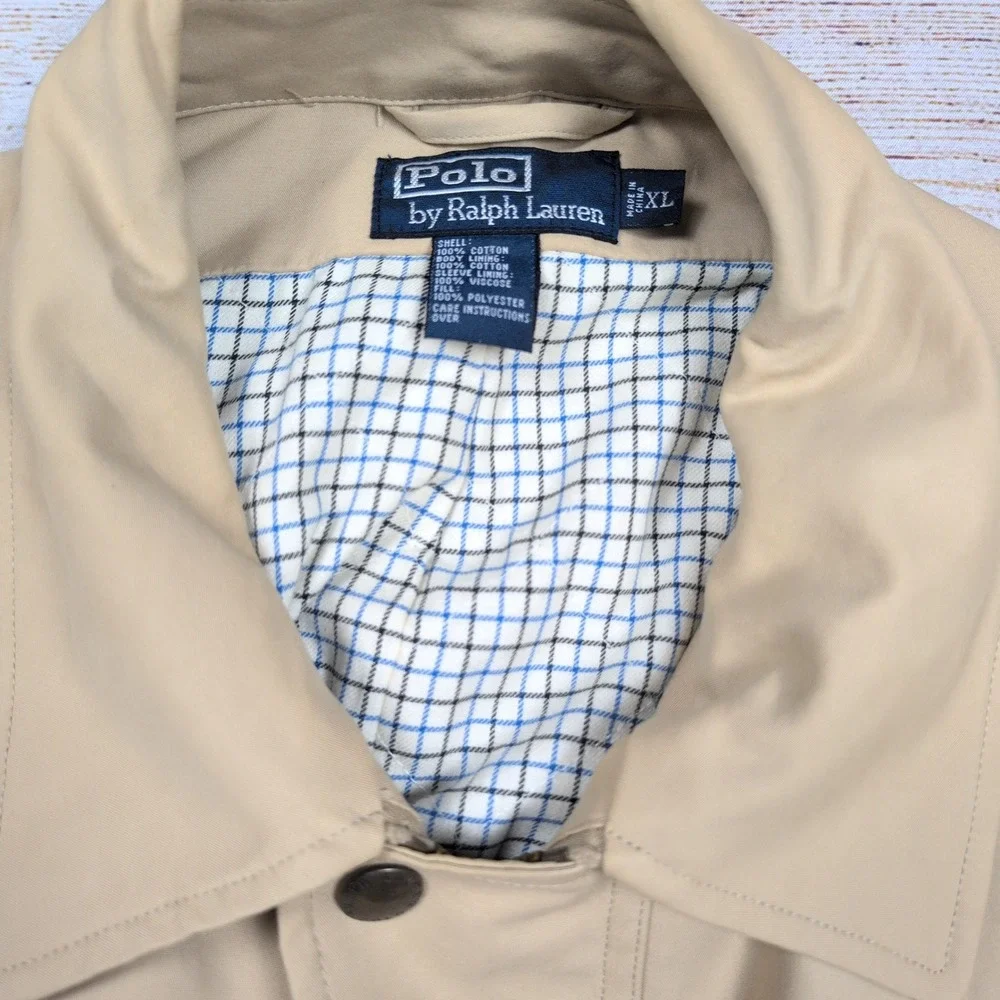 VTG Polo Ralph Lauren M FieldbJacket XL Tan Brown Leather Trim‎ Button Up Barn